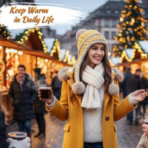 Women\'s Winter Beanie Hat Circle Scarf Set Pompoms Ski Snow Ear Flaps main image 4